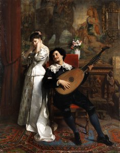 Luitspeler met jonge dame in de salon door Christian Meyer Ross